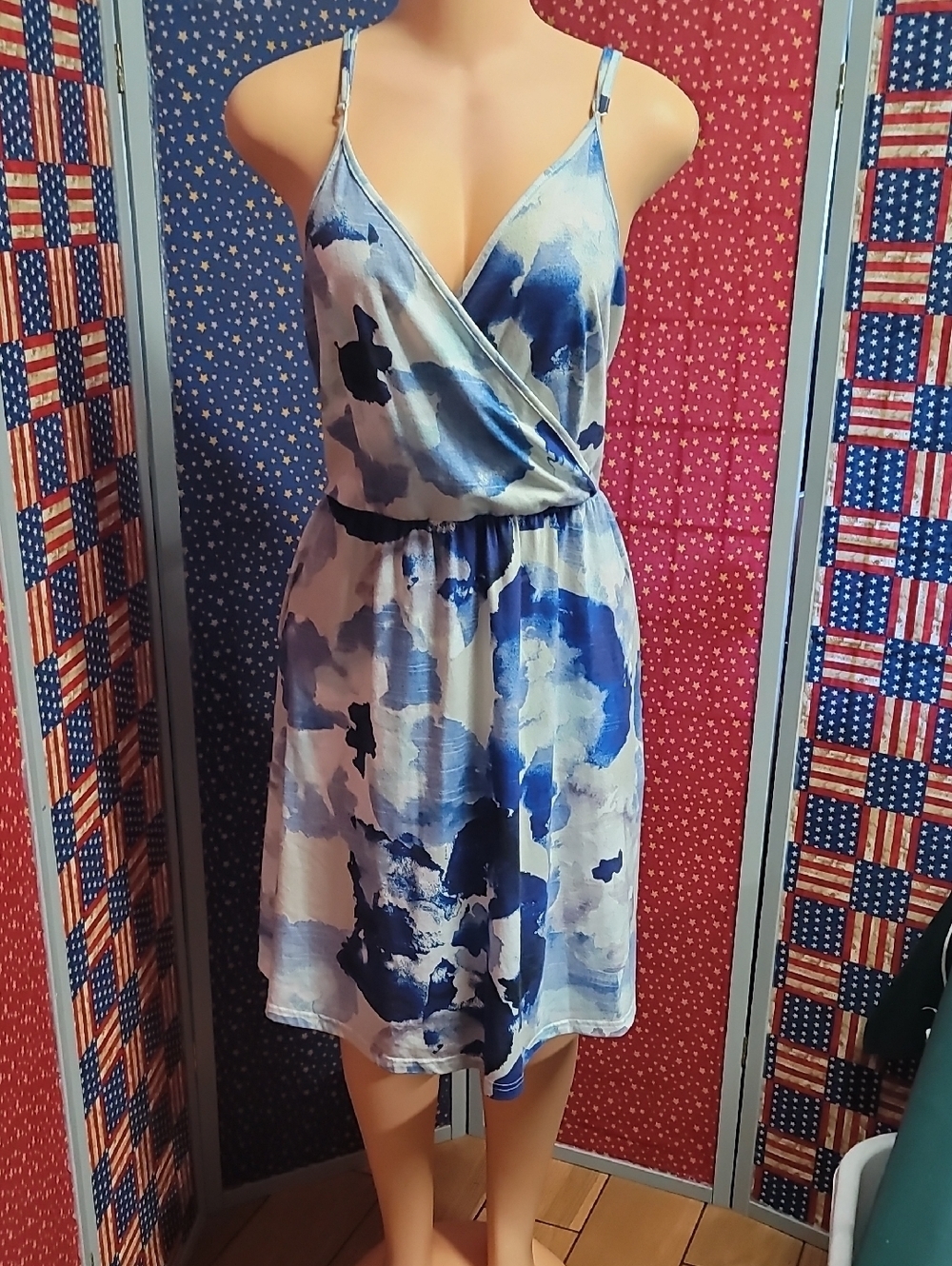 Blue Watercolor Wrap Sundress with Spaghetti Straps